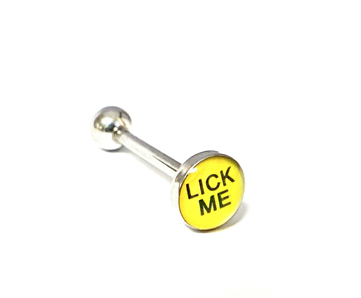 1pc Dome Logo Tongue Ring - choose from Adult Sayings, Sex, Bad Words +more! (Logo Style: Lick Me)