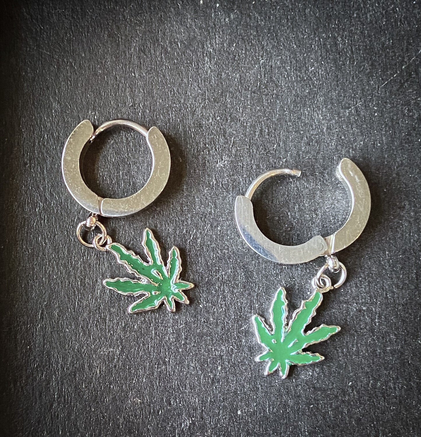 PAIR of Pot Leaf Dangle Hinged Hoop Earrings Huggies Marijuana 18g Steel 