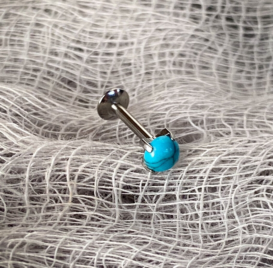 1pc Semi-Precious Stone Set 16g Internally Threaded Labret Stud Cartilage Ring (Stone Top: Turquoise)