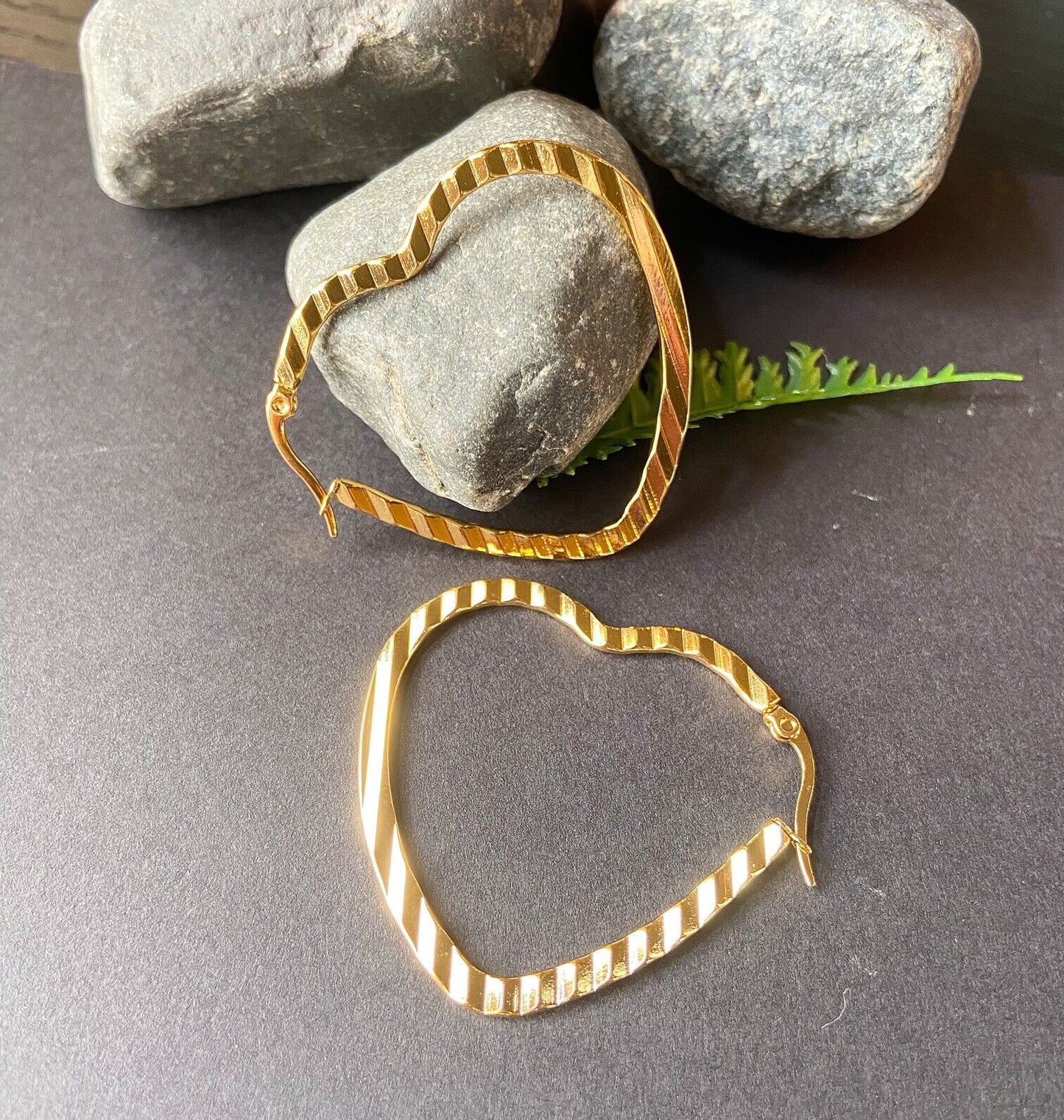 PAIR of Wave Pattern Heart Hoop Earrings 22g Gold Ion Plated Stainless Steel