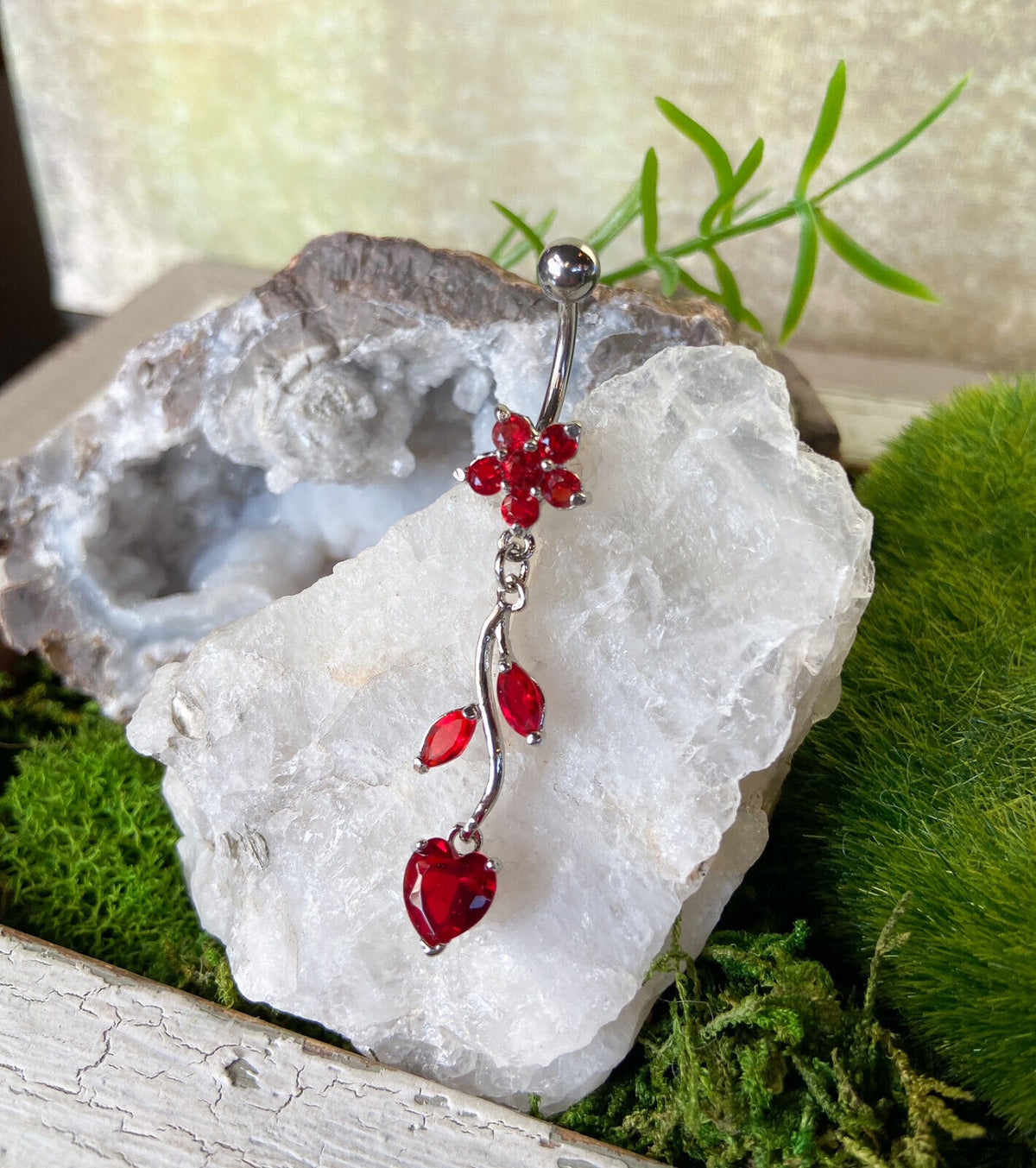 1pc Flower Vine Heart CZ Gems Belly Ring Navel Piercing Pierced Naval Jewelry (Color: Red)