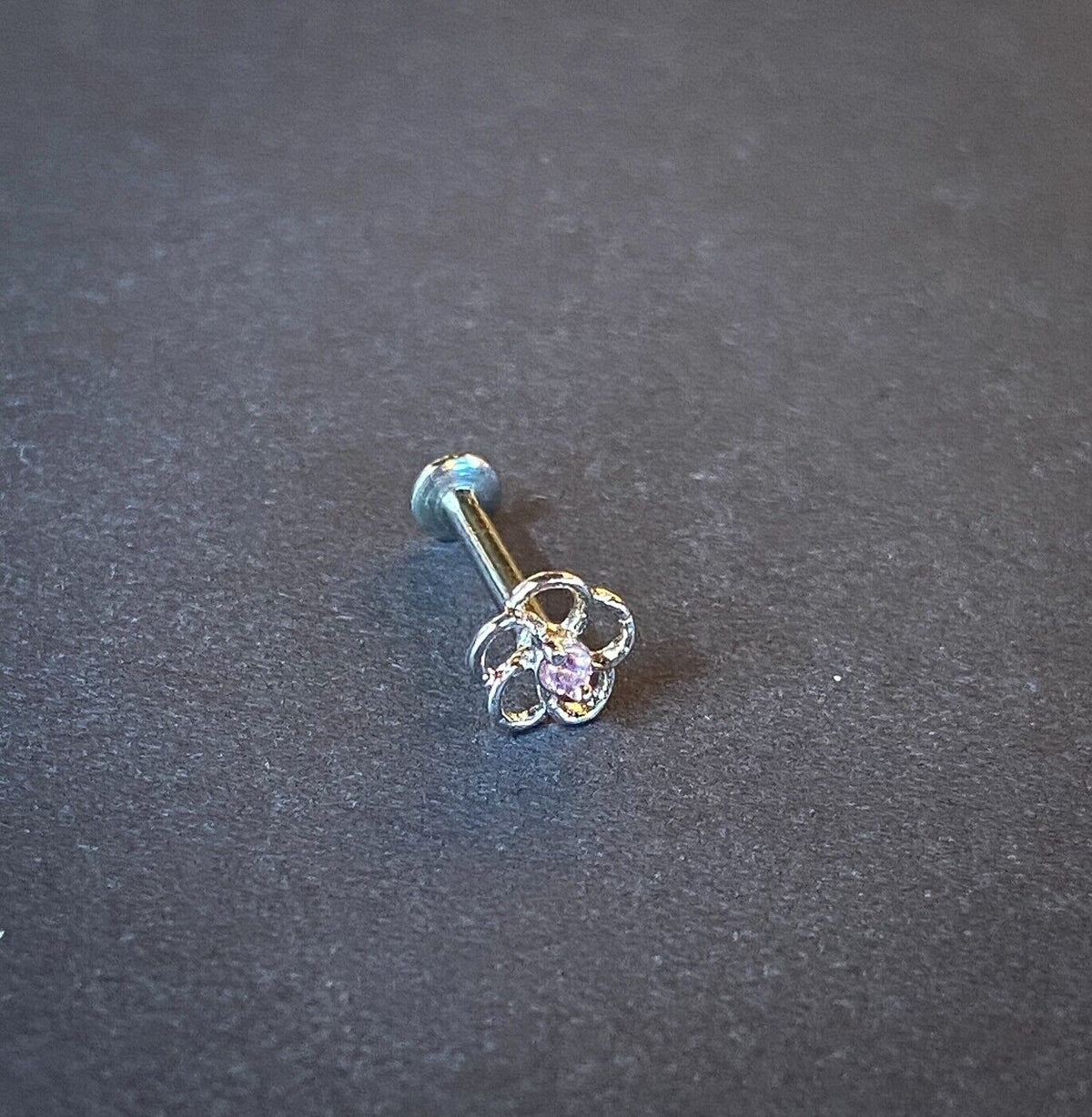 1pc CZ Centered Flower 16g Internally Threaded 1/4" or 5/16" Steel Labret Monroe (Color: Pink)