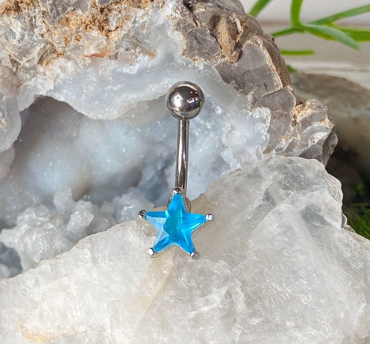 1pc Star Solitaire CZ Gem Belly Ring Navel Piercing Pierced Naval Body Jewelry (Color: Aqua)