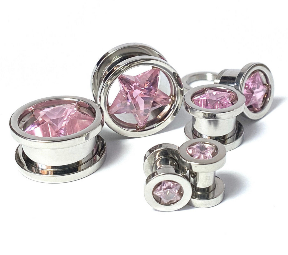 PAIR Star CZ Gem Screw Fit Tunnels Plugs Gauges Earlets Body Jewelry Piercing (Color: Pink)