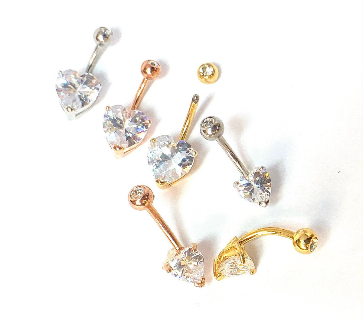 3pc Value Pack Heart Prong Set CZ Gem Gold Plated Steel Belly Rings Navel Naval