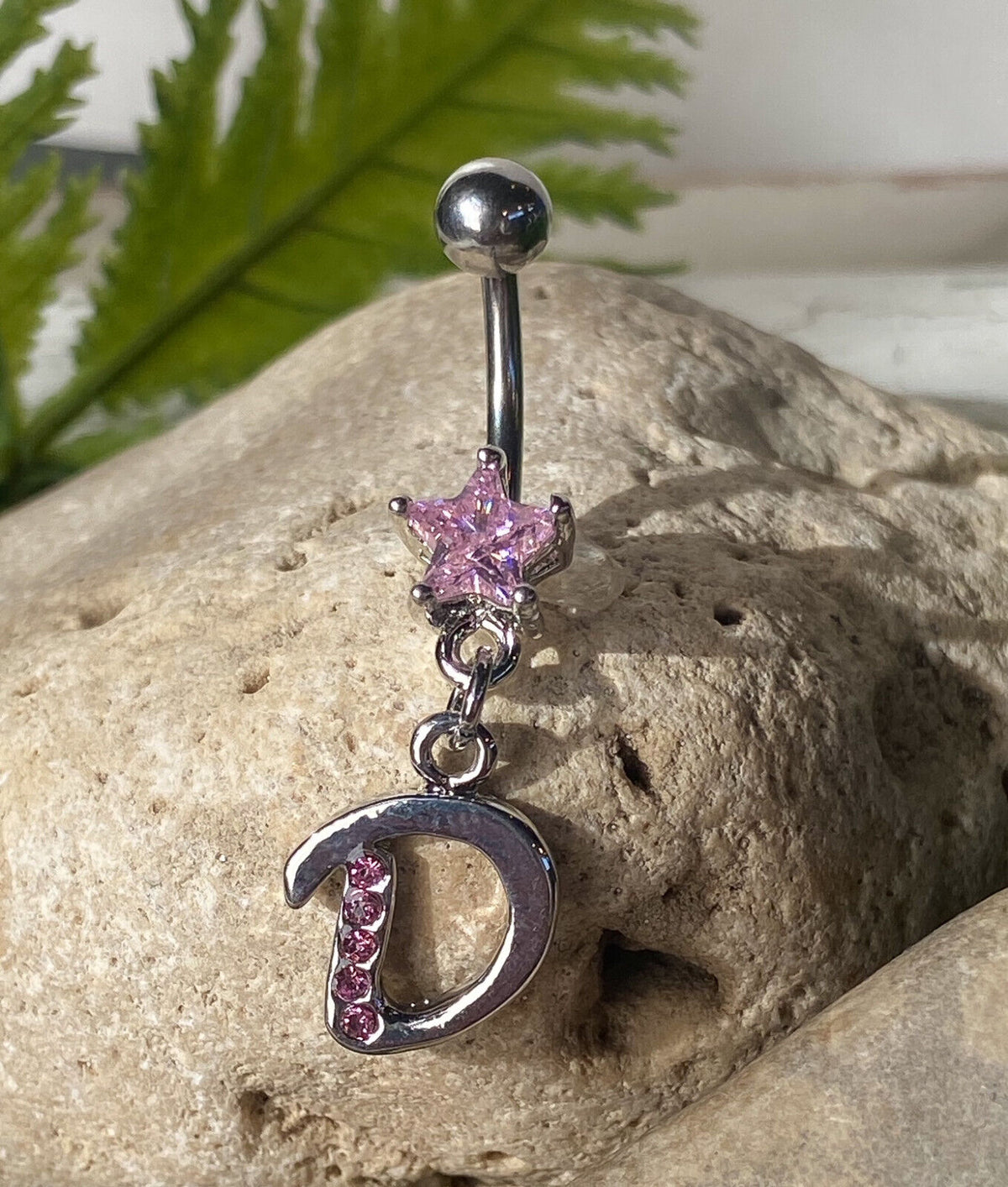 1pc Initial Belly Ring "Metro" Style Pink Gems Navel Naval Letter Body Jewelry (Initial: D)