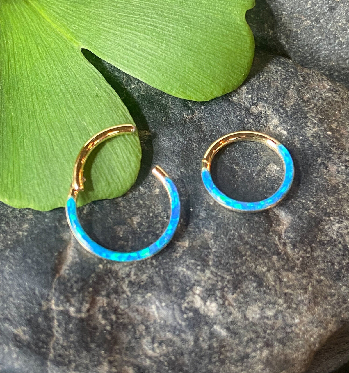 1pc Opal Front Edge Hinged Segment Ring Septum Clicker Steel Daith Hoop Jewelry (Color: Gold - Blue)