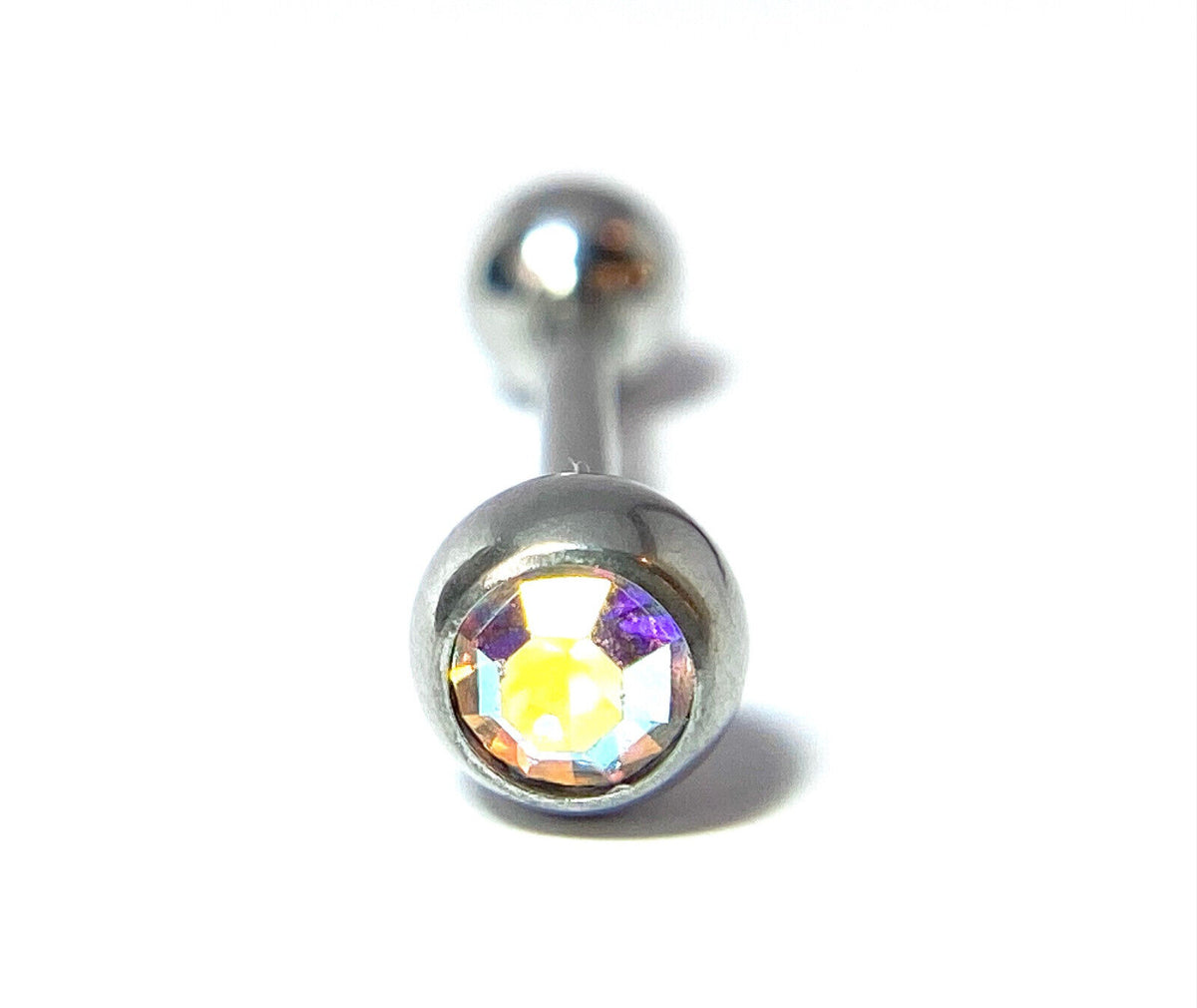 1pc Solid Grade 23 Titanium Barbell 14g, 5/8" (16mm) Tongue Tounge Ring w/Gem (Color: Aurora Borealis)