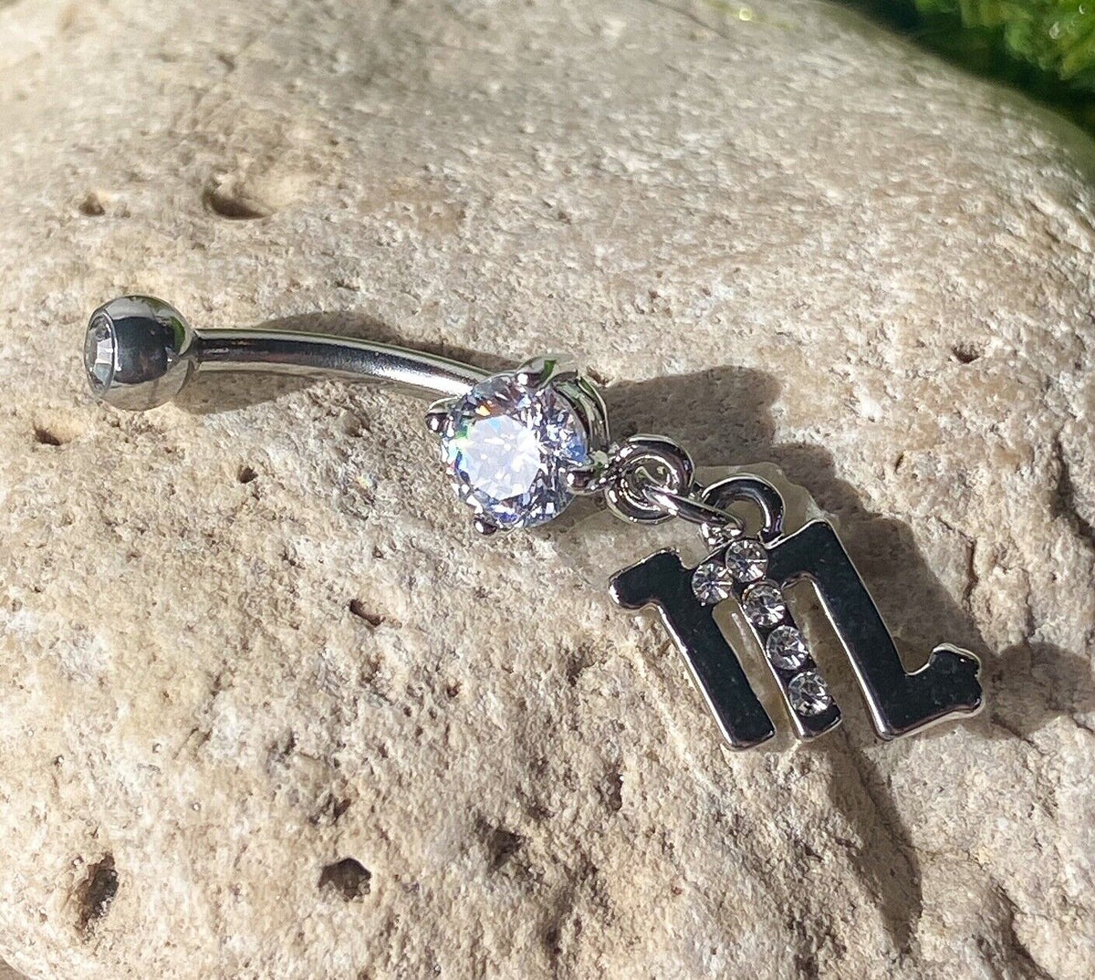 Zodiac Sign Paved CZ Gem Belly Ring Pierced Navel Astrology 14g Surgical Steel  (Sign: Scorpio)