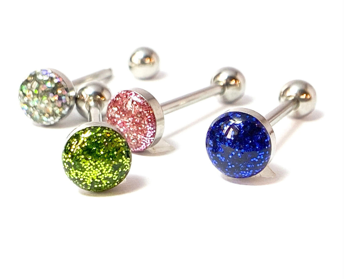 4pc Value Pack Glitter Ball Steel Tongue Rings 14g Tounge Body Jewelry