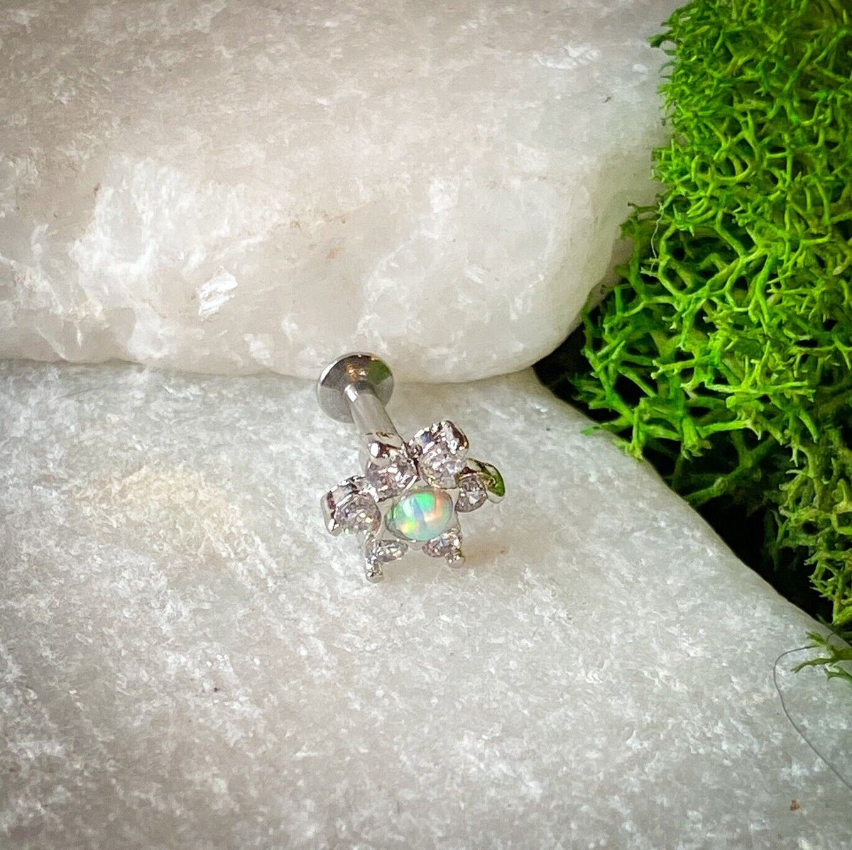 1pc Opal & CZ Star 16g Internally Threaded 1/4" or 5/16" Steel Labret Monroe (Color: White)