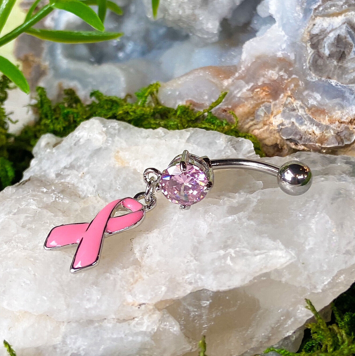 1pc Breast Cancer Awareness Pink Ribbon CZ Gem Belly Ring Pierced Navel Naval