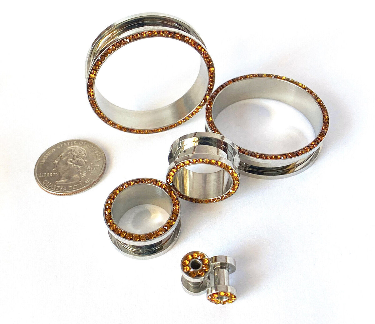 PAIR Topaz CZ Gem Rimmed 316L Surgical Steel Screw Fit Tunnels Plugs Gauges