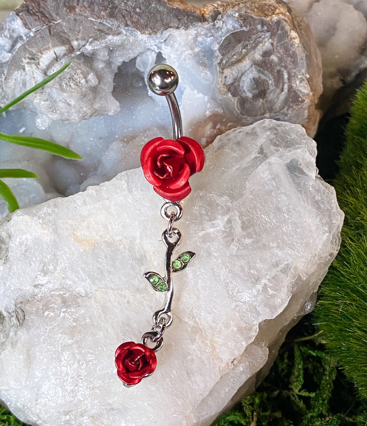 1pc Double Rose & Vine Belly Ring Navel Piercing Pierced Naval Flower Jewelry (Color: Red)