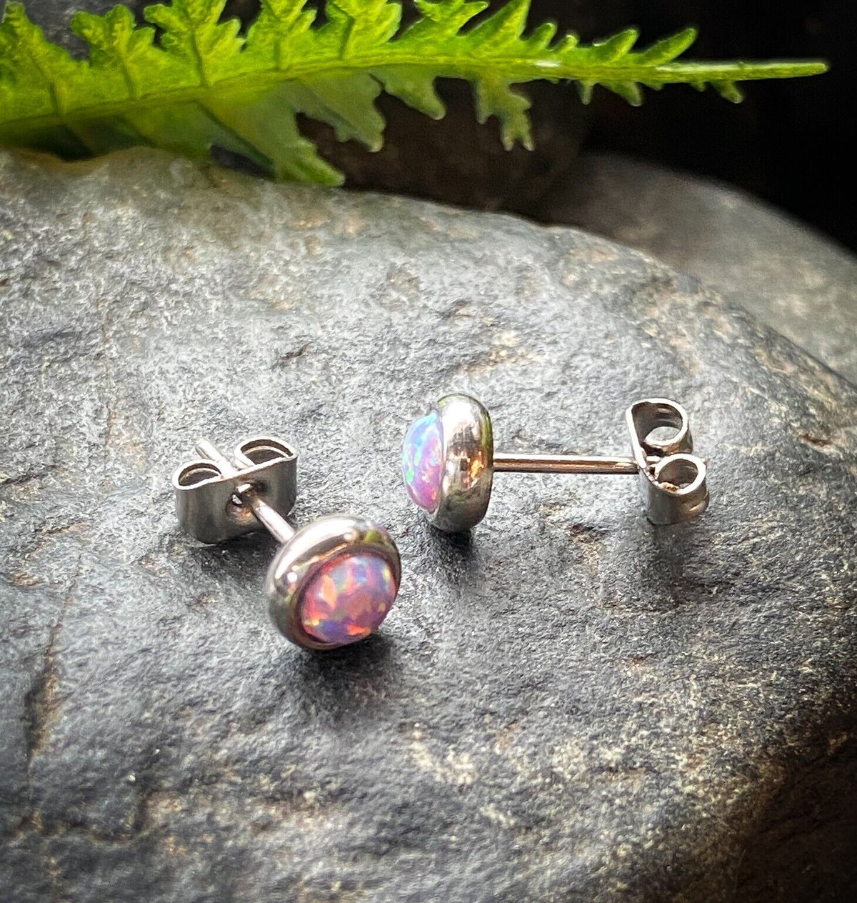 PAIR Bezel Set Opal 316L Surgical Steel Earrings - choose from 18 color combos! (Color: Purple / Silver)