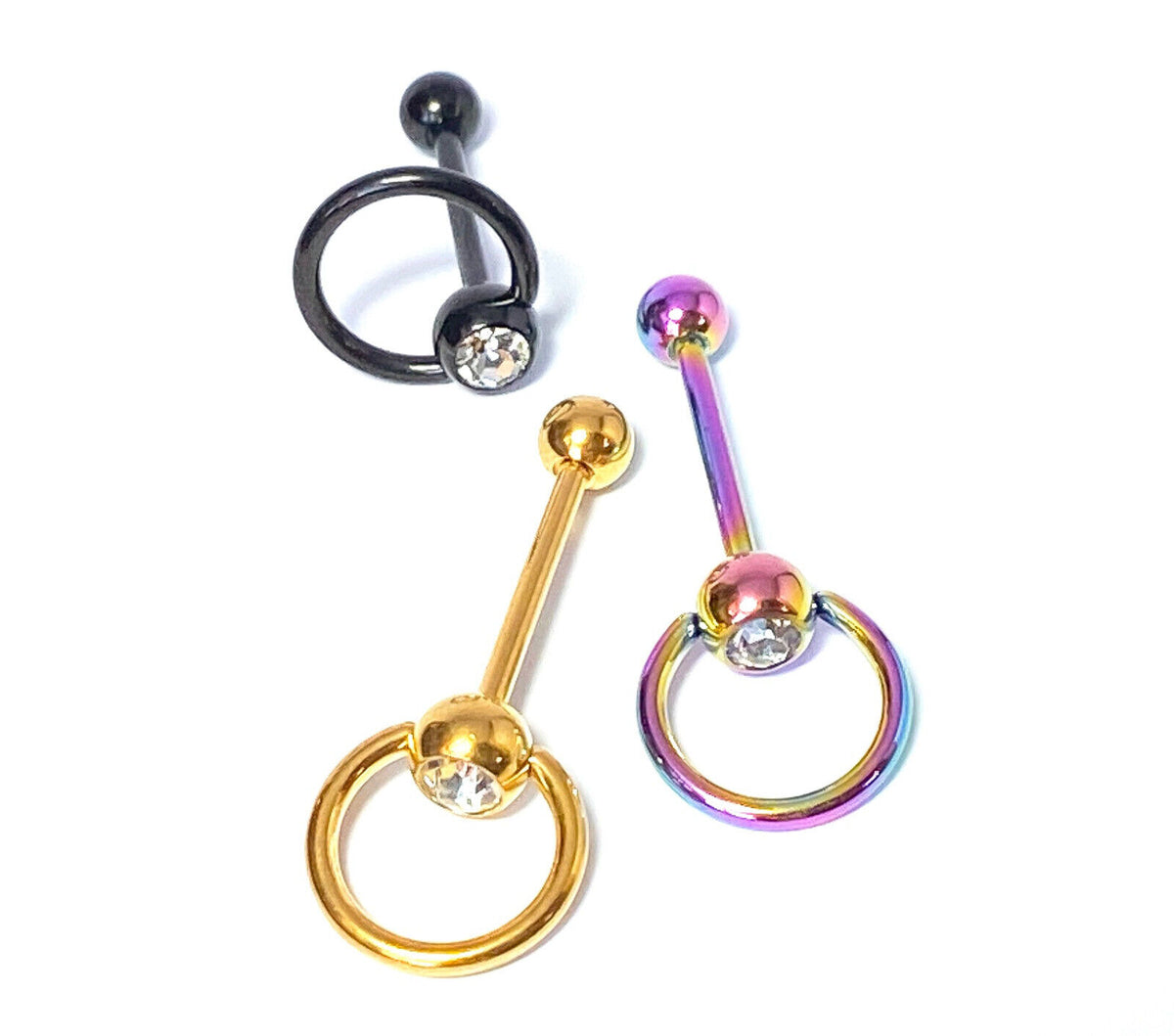 1pc Clear Gem w/ Slave Ring Tongue Ring IP Steel Barbell Door Knocker Tounge