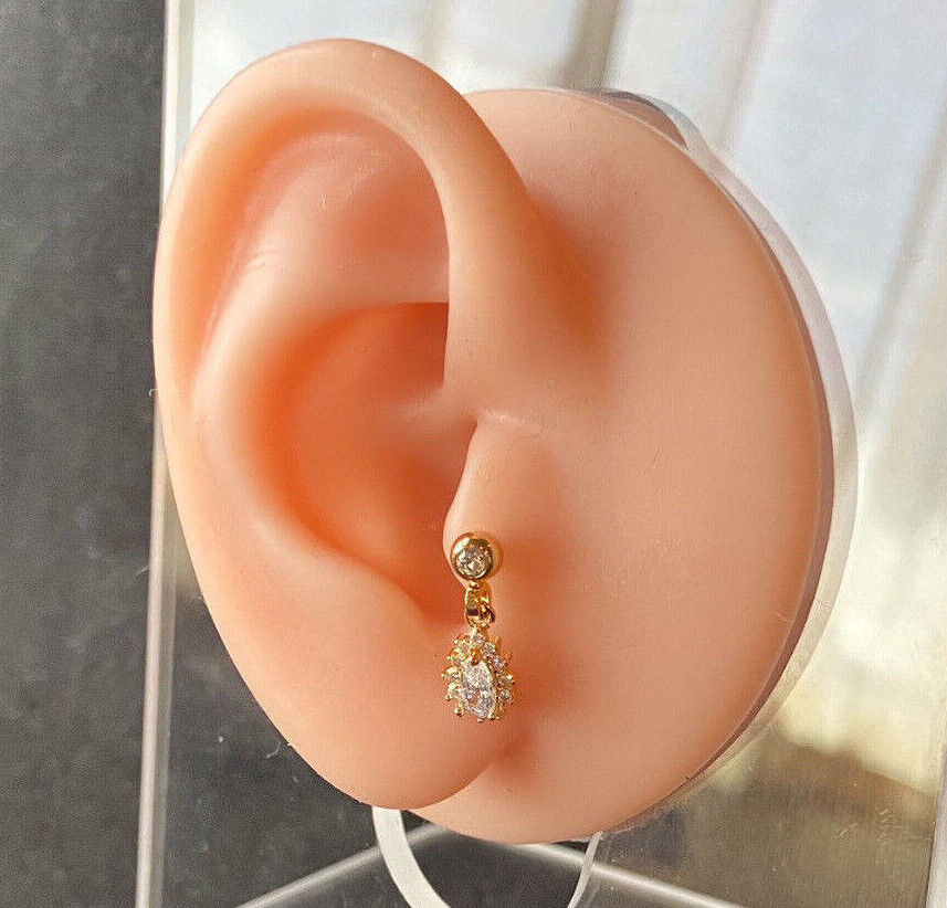 1pc CZ Gem Pear Dangle Surgical Steel Tragus Cartilage Barbell Ring 16g 1/4