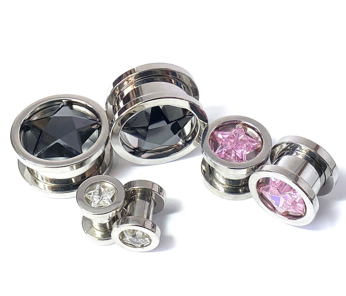 PAIR Star CZ Gem Screw Fit Tunnels Plugs Gauges Earlets Body Jewelry Piercing