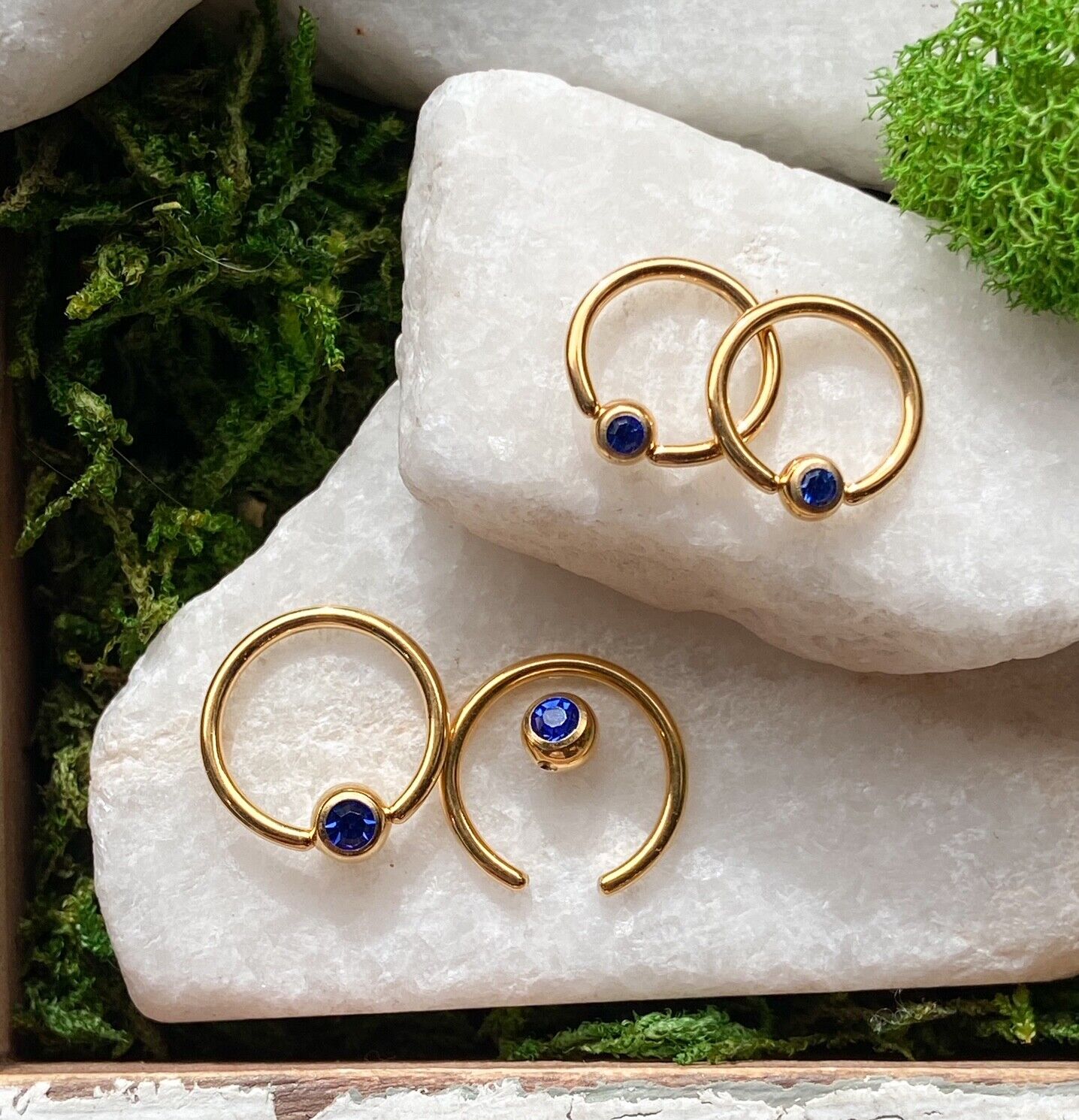 PAIR Gold Plated Gem Captive Bead Rings for Ears, Eyebrow, Septum, Nipples, etc (Gem Color: Blue)