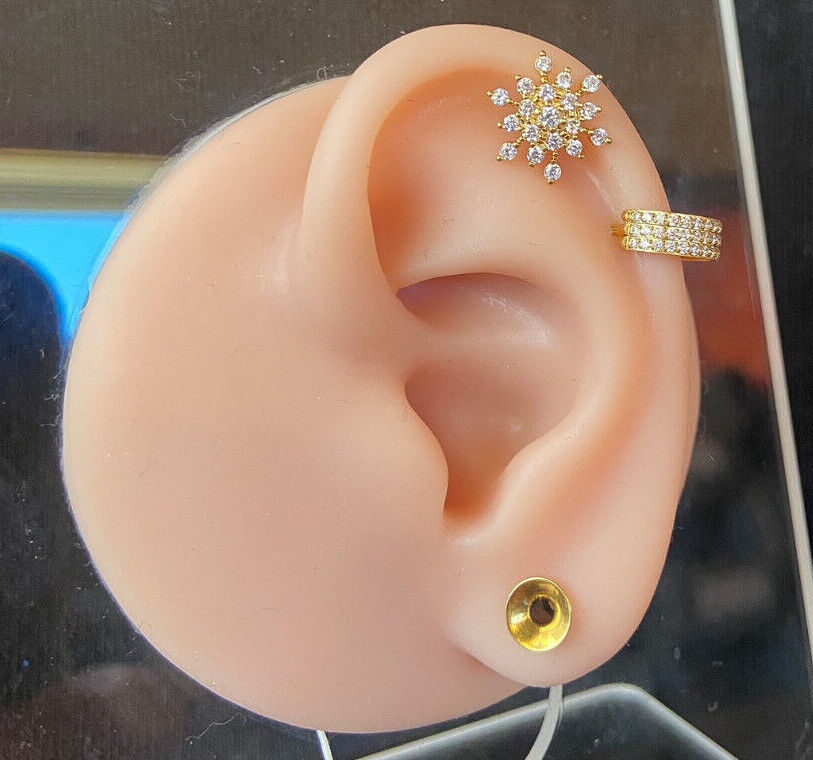 1pc CZ Gem Paved Snowflake Snow Flake Tragus Cartilage Barbell Ring 16g 1/4"