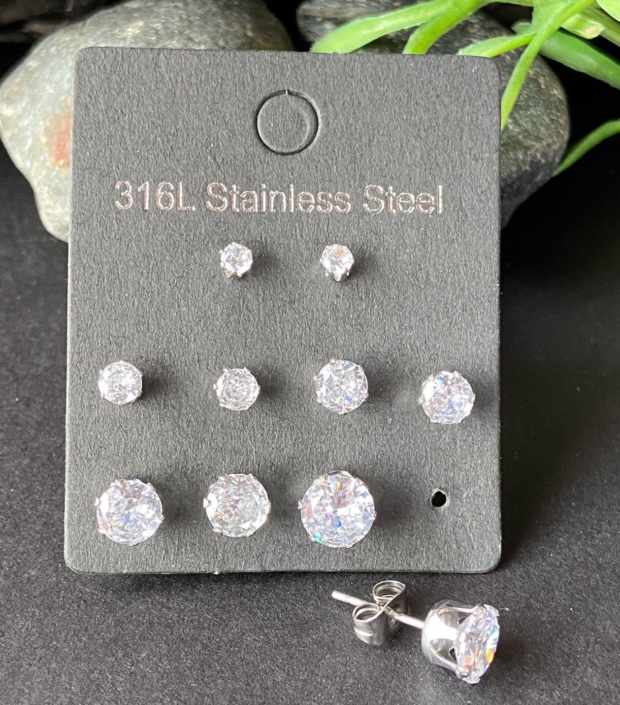 5 PAIR CZ Gem Stud Earrings 316L Stainless Steel retail / display peggable card