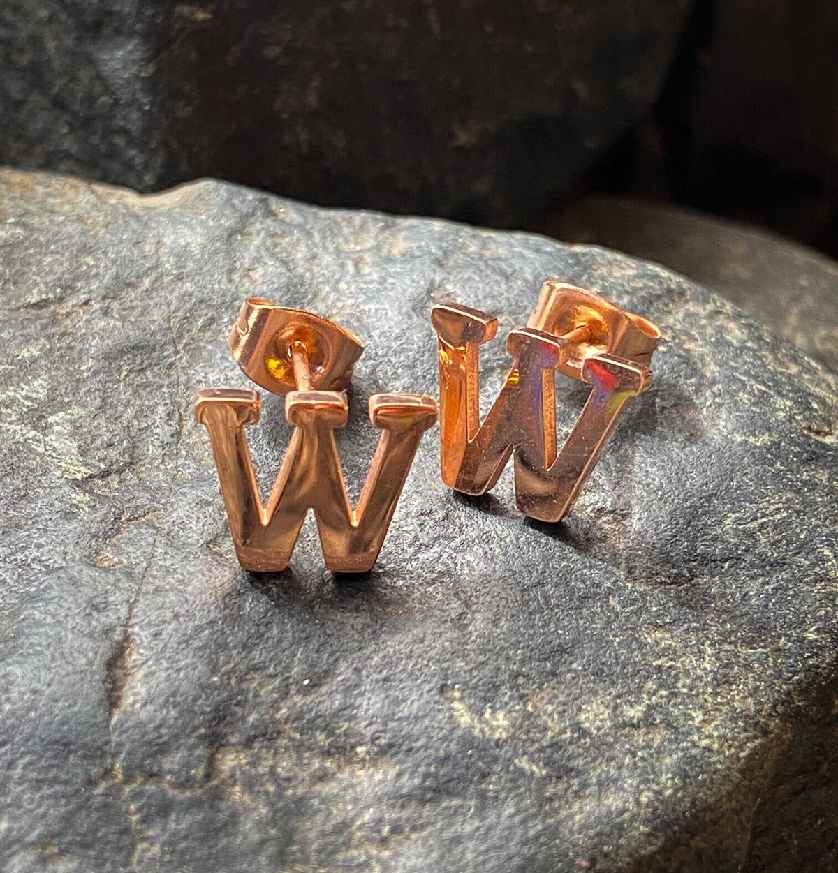 PAIR Rose Gold Plated Steel Initial / Alphabet 20g Earrings - A to Z available! (Letter: W)