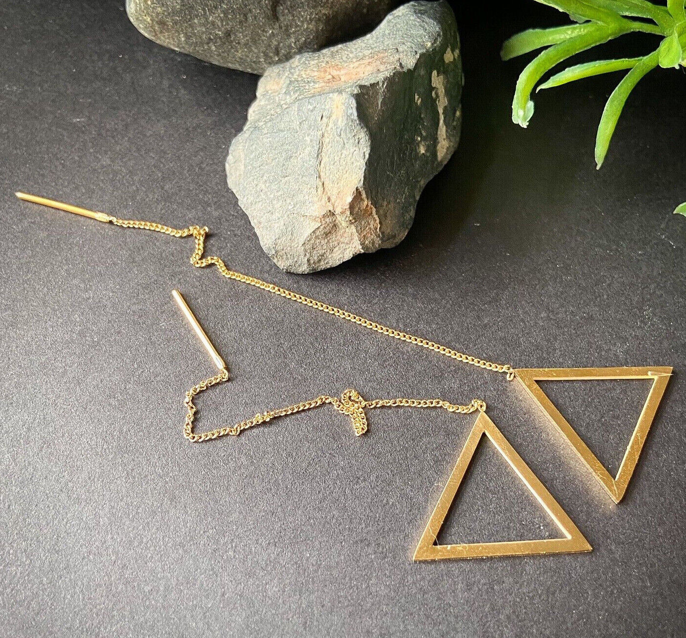 PAIR of Free Falling Chain Earrings w/ Bar & Open Triangle 20g Stainless Steel (Color: Gold)