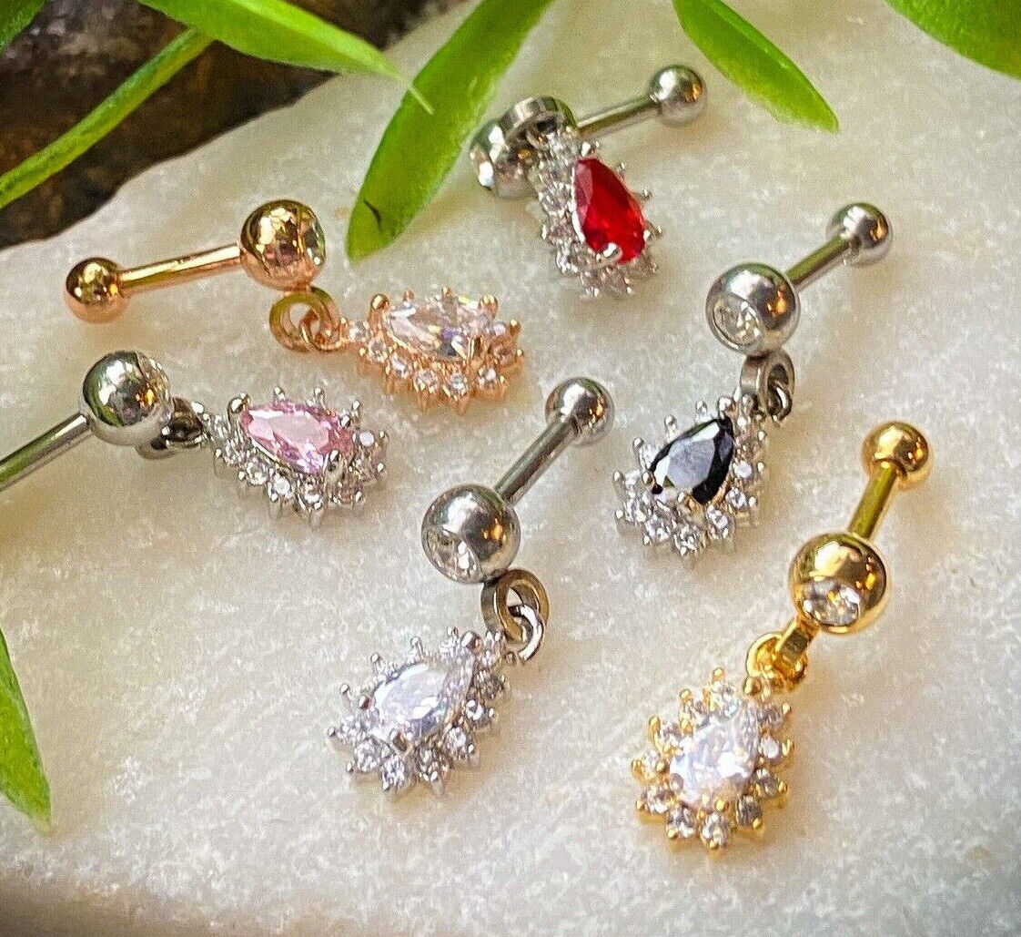 1pc CZ Gem Pear Dangle Surgical Steel Tragus Cartilage Barbell Ring 16g 1/4