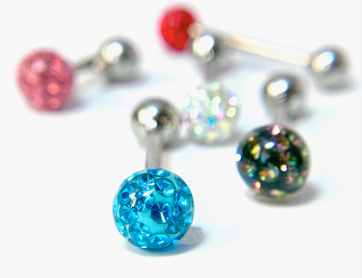 1pc Epoxy Coated Crystal Paved Ball Internally Threaded 16g Tongue Ring Barbell