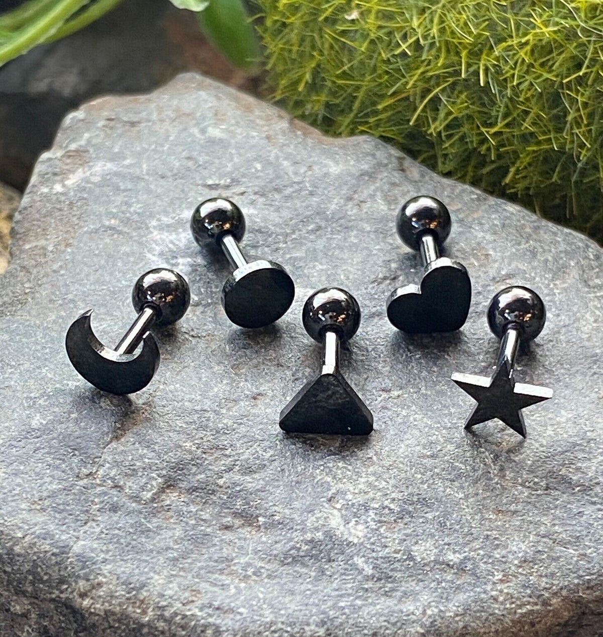 5pcs Shapes Tragus Rings Value Pack Cartilage Barbells Helix 16g Moon Star Heart (Color: Black)
