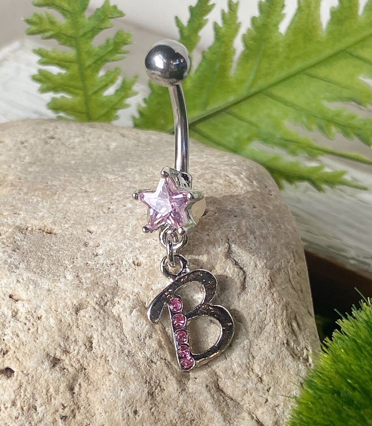 1pc Initial Belly Ring "Metro" Style Pink Gems Navel Naval Letter Body Jewelry (Initial: B)