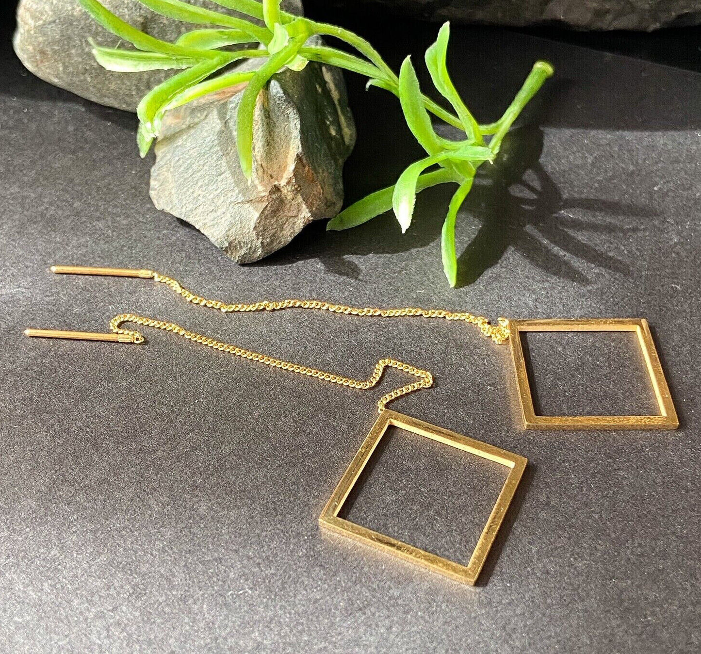 PAIR of Free Falling Chain Earrings w/ Bar & Open Square 20g Stainless Steel (Color: Gold)