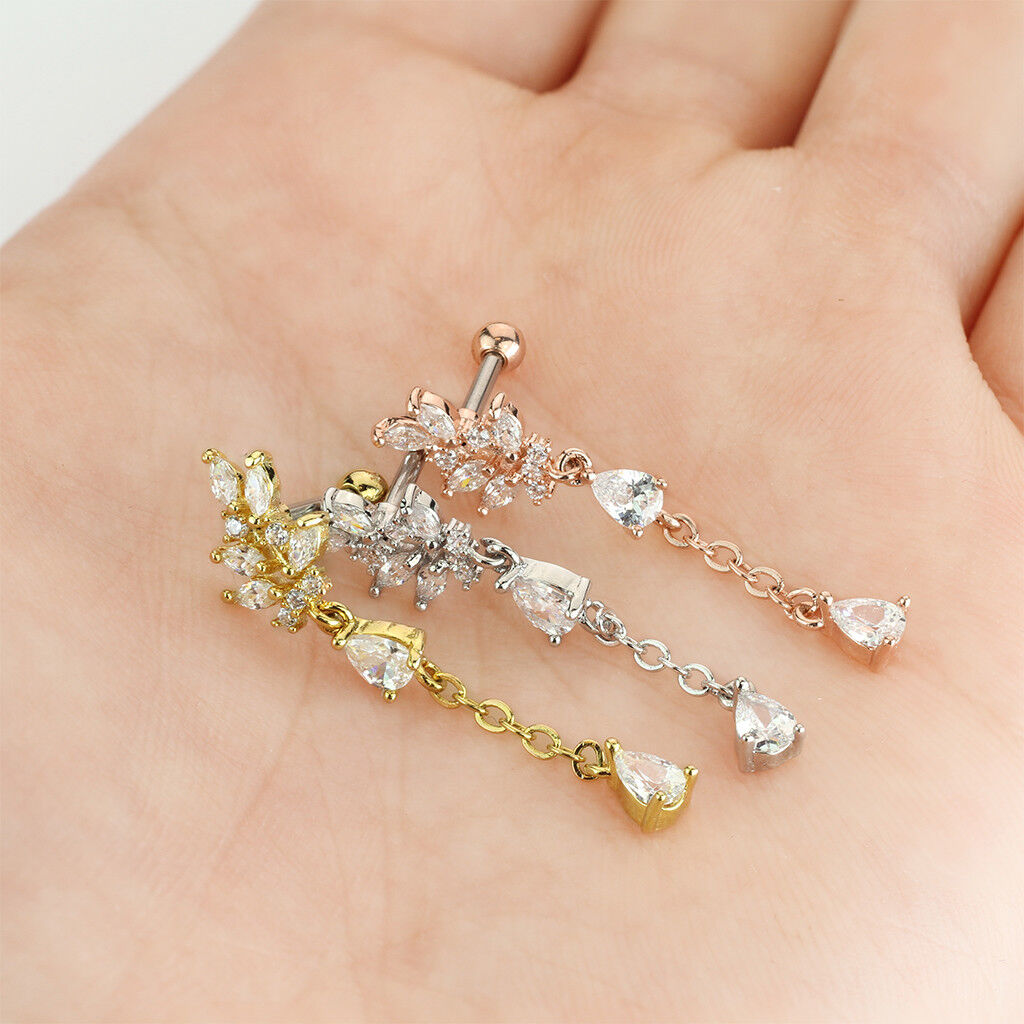 1pc CZ Gem Cluster Leaf w/ Chain Tragus Helix Cartilage Barbell Ring 16g 1/4"