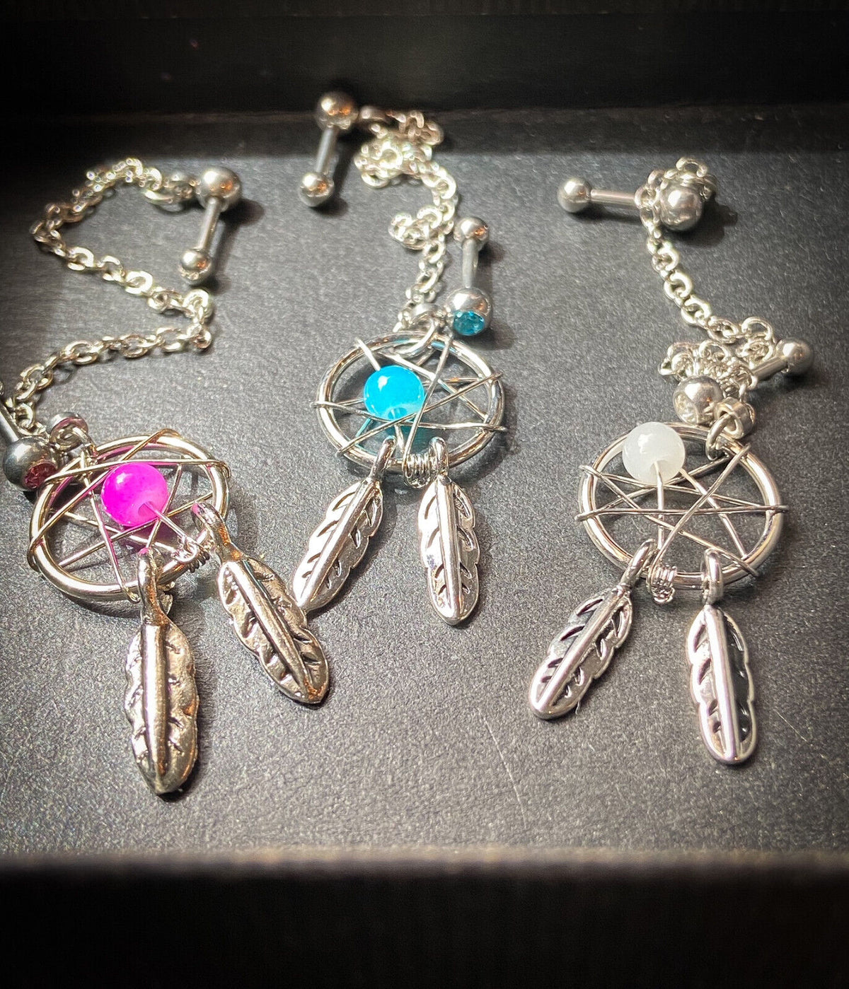 Steel Chain Linked Dream Catcher with Cartilage Tragus Helix Gemmed Barbell
