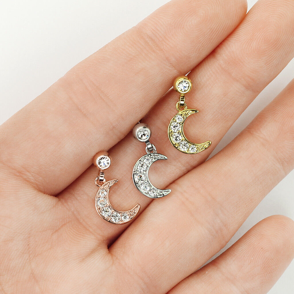 1pc CZ Gem Moon Dangle Surgical Steel Tragus Cartilage Barbell Ring 16g 1/4