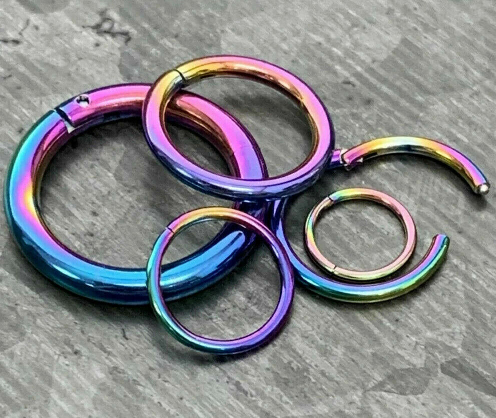 PAIR of Hinged Segment Rings Septum Clicker Hoops PVD over 316L Surgical Steel  (Color: Rainbow)