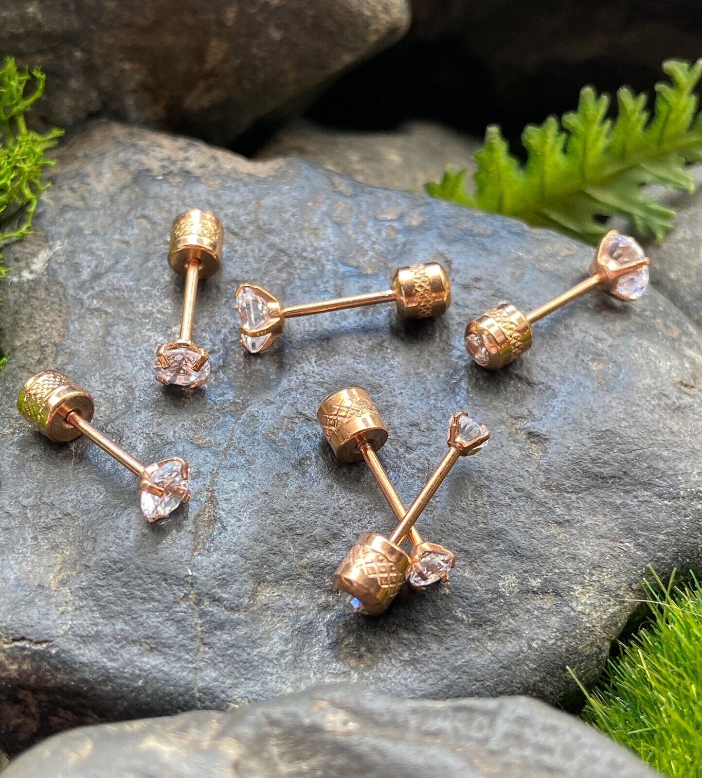 PAIR Prong Set CZ Gem Stud Rose Gold Earrings w/ Gem Centered Screw Back Steel