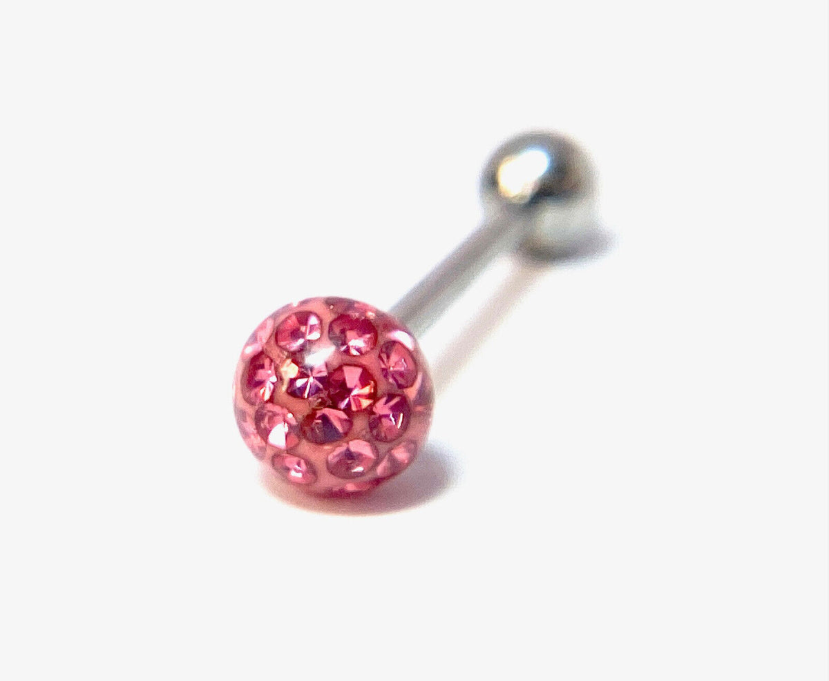 1pc Epoxy Coated Crystal Paved Ball Internally Threaded 16g Tongue Ring Barbell (Color: Pink)