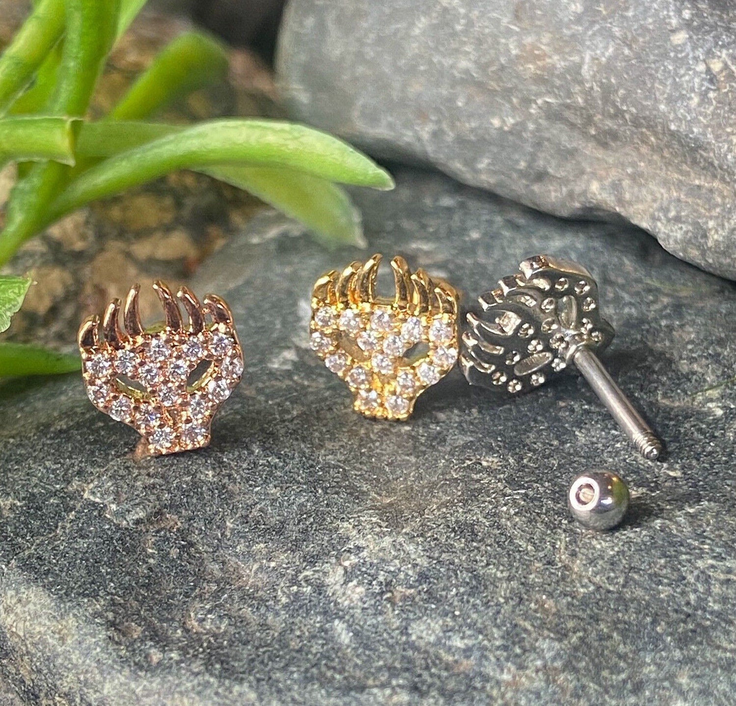 1pc CZ Gem Paved Flaming Skull Tragus Helix Cartilage Barbell Ring 16g 1/4"