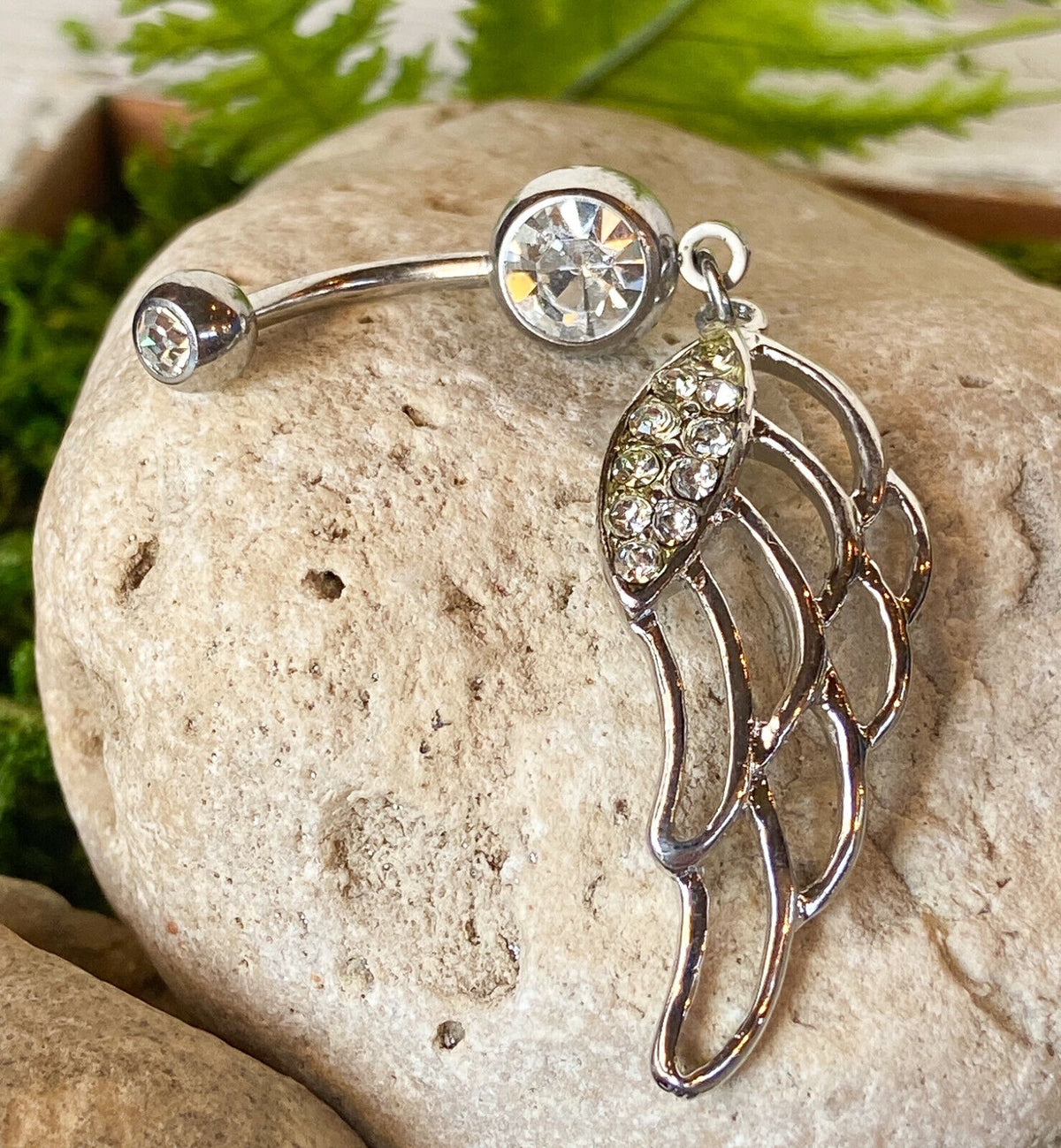 Angel Wing Belly Ring Paved CZ Gems Pierced Navel Piercing Pierced Naval Jewelry (Color: Clear)