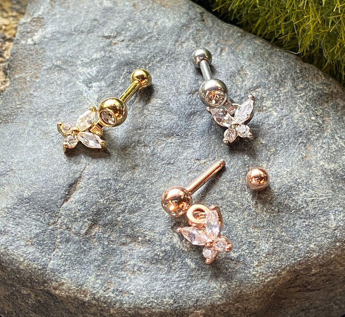 1pc CZ Gem Butterfly Dangle Surgical Steel Tragus Cartilage Barbell Ring 16g 1/4