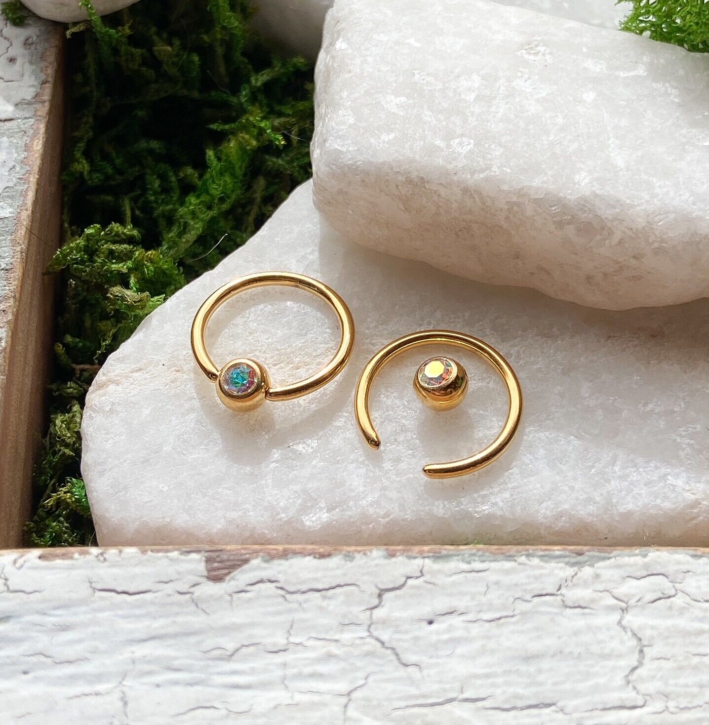 PAIR Gold Plated Gem Captive Bead Rings for Ears, Eyebrow, Septum, Nipples, etc (Gem Color: Aurora Borealis)