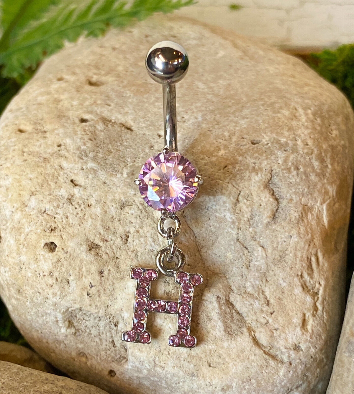 1pc Initial Paved Pink Gem Belly Ring Pierced Navel Letter Naval Piercing (Initial: H)