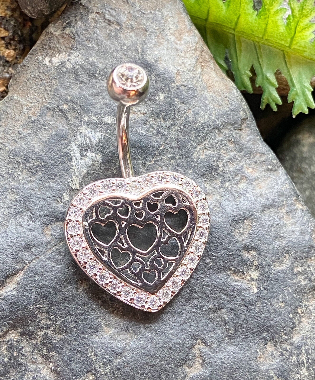 1pc Hollow Heart Pattern Center CZ Gem Belly Button Ring Pierced Navel Naval (Color: Silver)