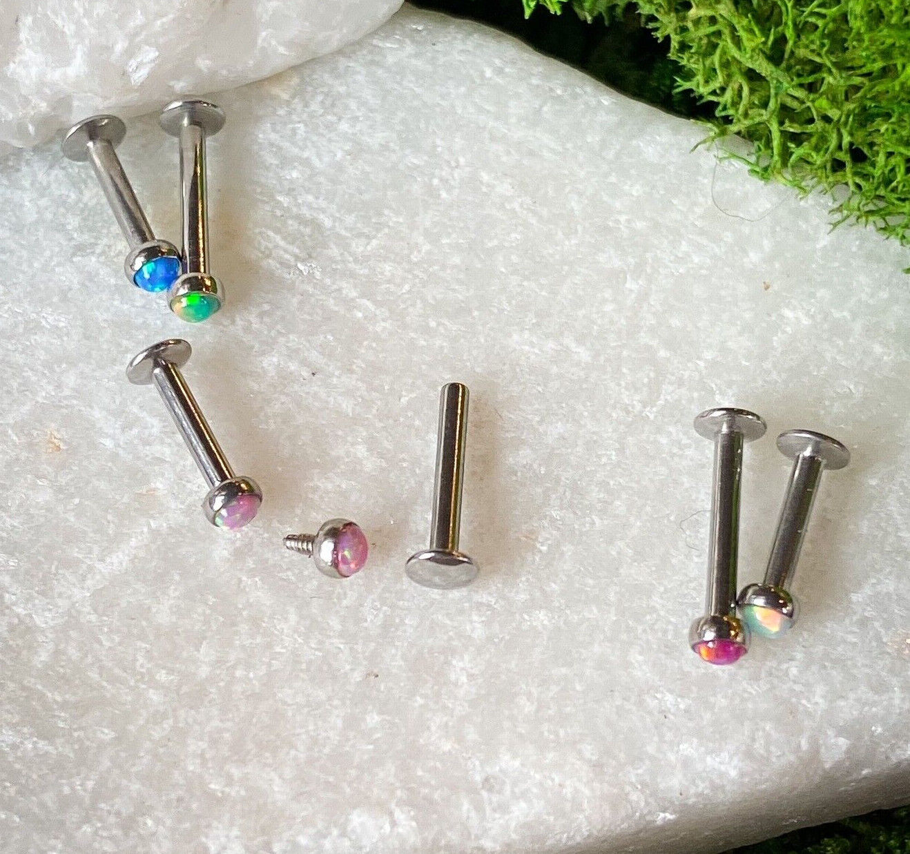 6pc Value Pack Opal Internally Threaded Steel Cartilage Studs Labrets / Monroes