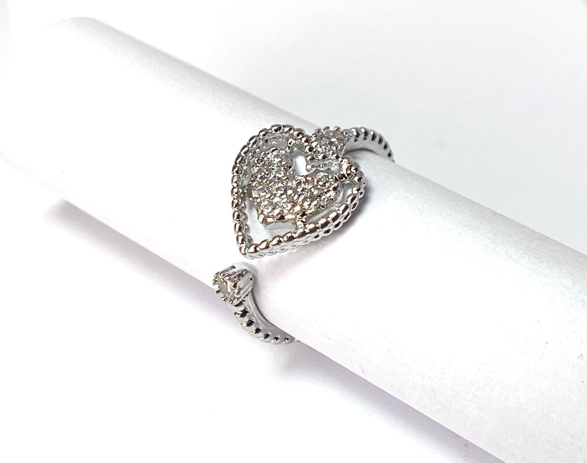 Heart Inside of Hollow Heart Multi-Paved CZ Gems Adjustable Mid Ring / Toe Ring