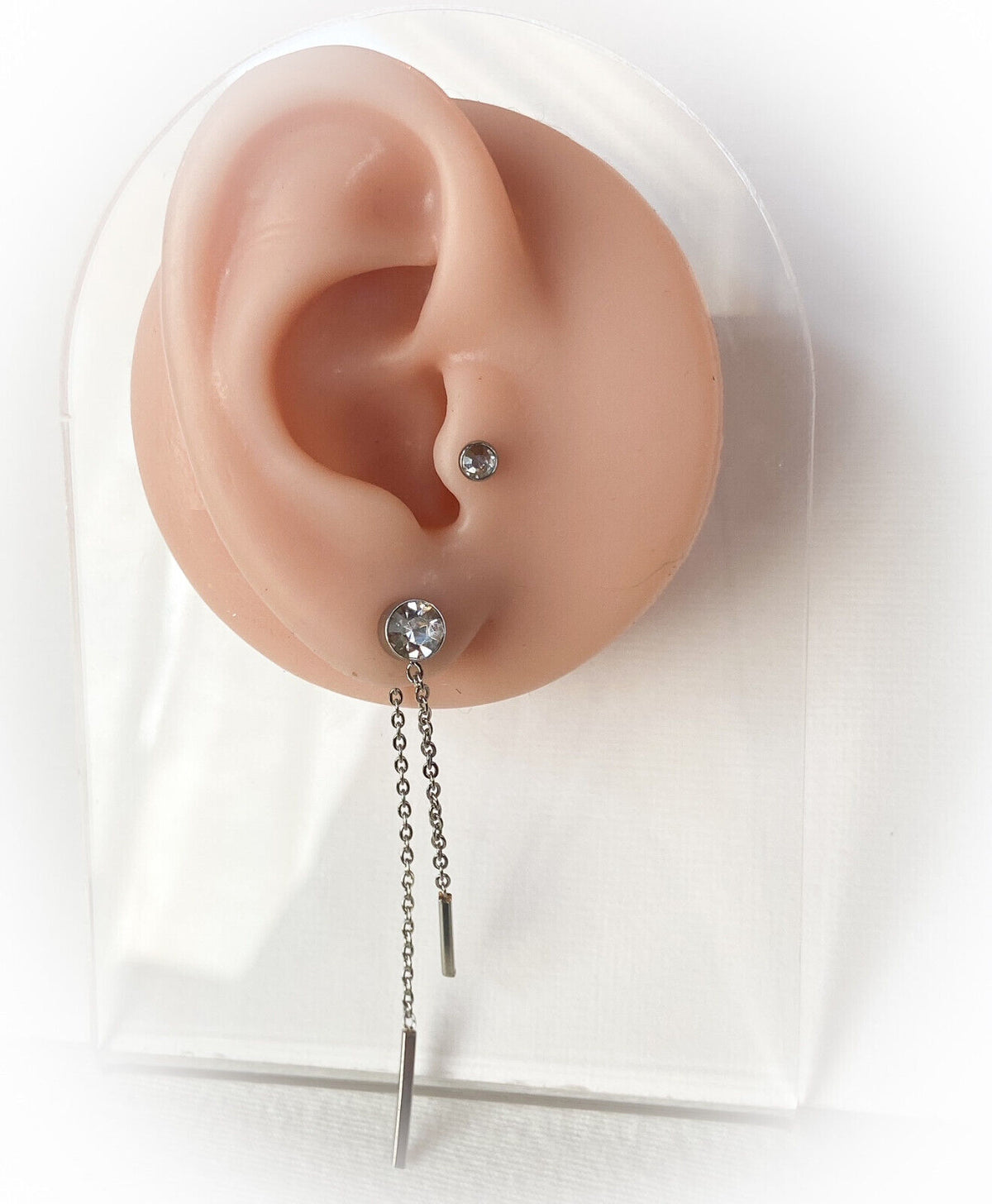PAIR of 6mm Bezel Set Gem w/Double Bar Chains Free Falling 20g Earring Studs