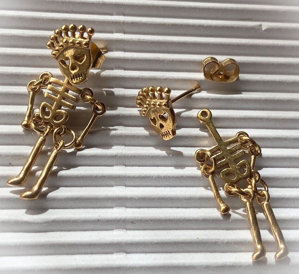 PAIR of Dangle Skeleton w/ Crown & Heart Eyes Earrings Stainless Steel 20g Stud