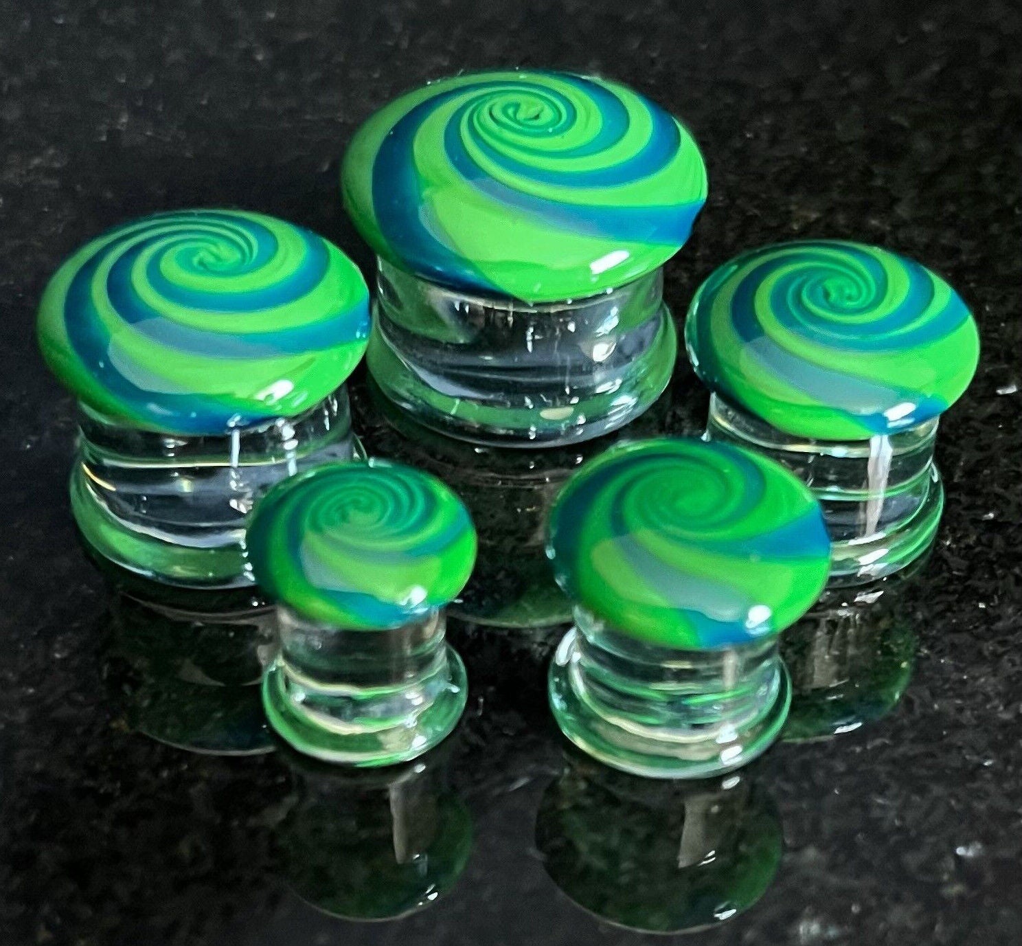 PAIR Blue & Green Hypnotic Swirl Glass Double Flare Plugs Tunnels Gauges