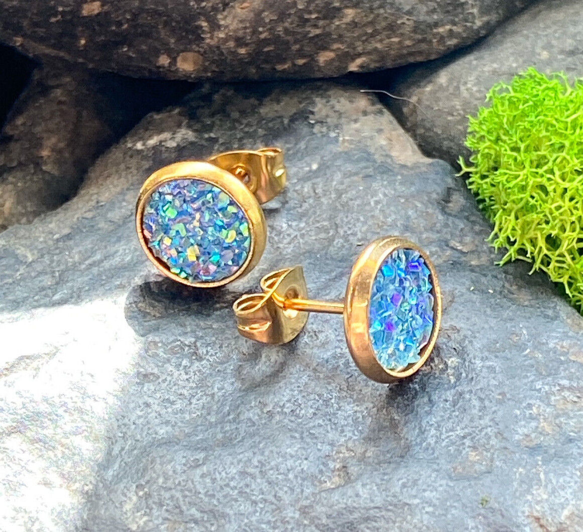 PAIR of Druzy Stone Set Stud Earrings 20g 316L Stainless Steel (Color: Gold / Aqua)